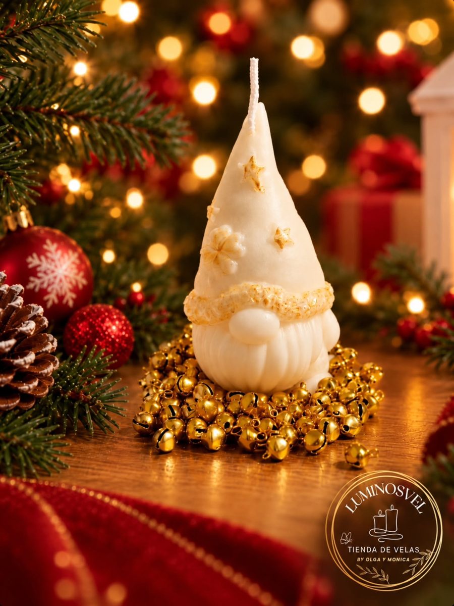 Vela de cera con forma de gnomo navideño entre luces y bolas rojas