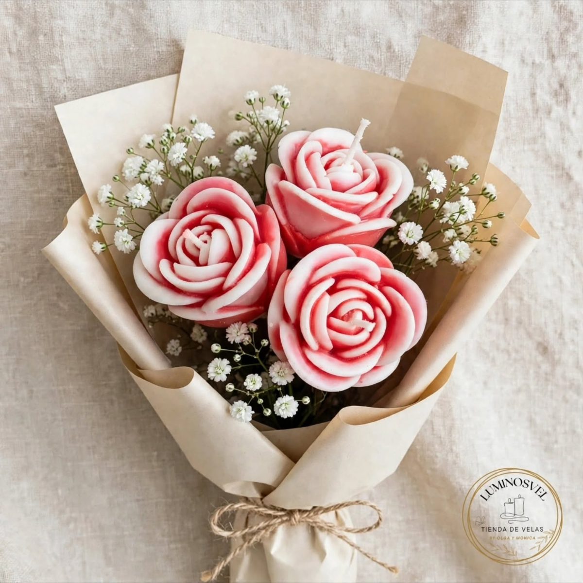 Ramo de rosas de cera rosas y blancas con paniculata