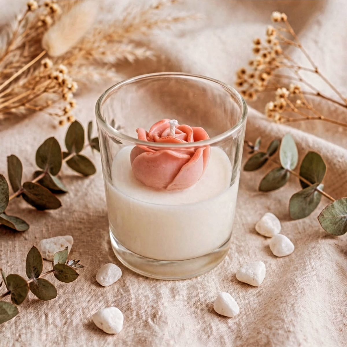 Vela blanca en vaso con una rosa de cera rosa encima